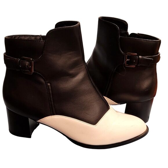 Midnight Velvet Size 8 Black & White Boots bootie 2.5" Block Heel Faux Leather - Picture 6 of 9